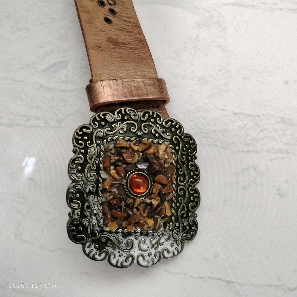 Women's Brown Gold  Brush Tooled Leather Belt with Ornate Buckle Boho Western - Picture 11 of 16